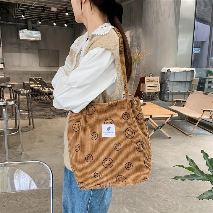 Produktbild Only-Bags.Store Retro Corduroy Tote Bag, Lächelndes Gesicht Druck Umhängetasche, einfache Handtasche für Schule