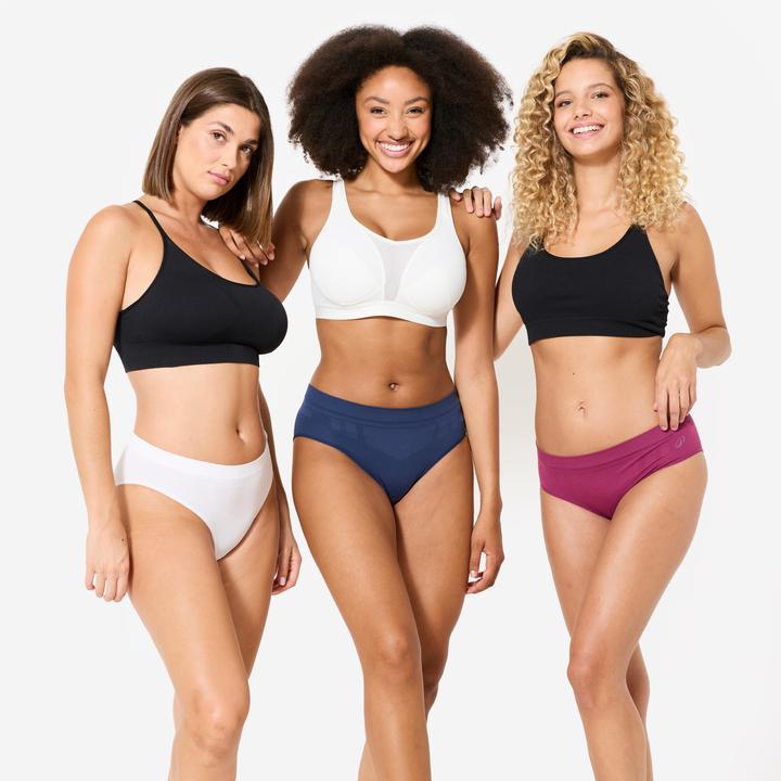 Kalenji Lot de 3 culottes sans coutures Femme, Violet/Blanc/Bleu
