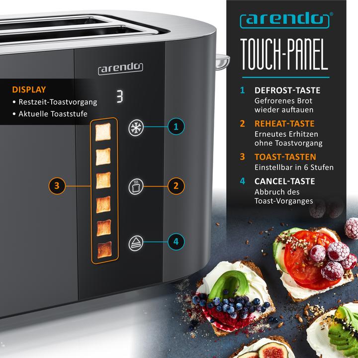 Actual product image Arendo Toaster Edelstahl 4 Scheiben Langschlitz, Touch Display, Bräunungsgrad & Restzeitanzeige, 1500 W (EU plug)