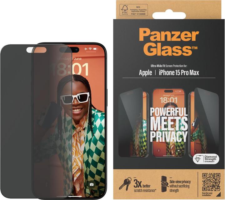 Immagine prodotto PanzerGlass Proteggi schermo privacy Ultra-Wide Fit (1 Pezzo/i, Apple iPhone 15 Pro Max)