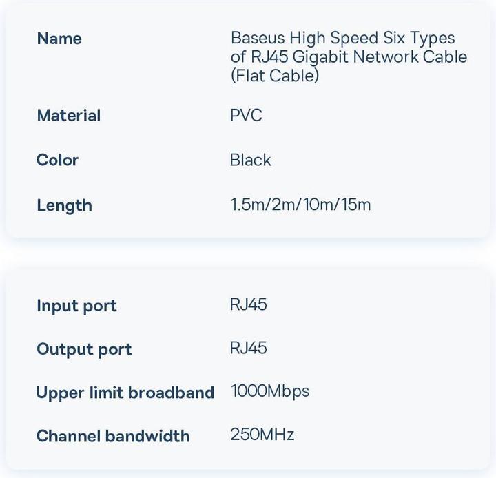 Valori nutrizionali e ingredienti Baseus Alta velocità Sei tipi di cavo di rete RJ45 Gigabit (cavo piatto)15m Nero (UTP, CAT6, 15 m)