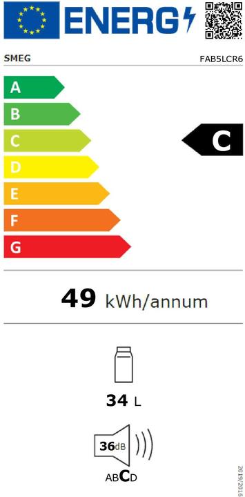 Energie-Label Smeg FAB5LCR6 Kühlschrank Linksanschlag Creme 50's Style, 2025 Modell, EEK: C (34 l)
