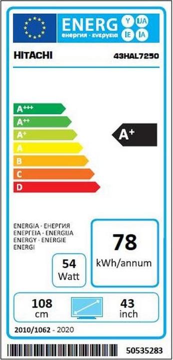 Energie-Label Hitachi TV 43HAL7250 Android TV (43", LCD, 4K, 2020)
