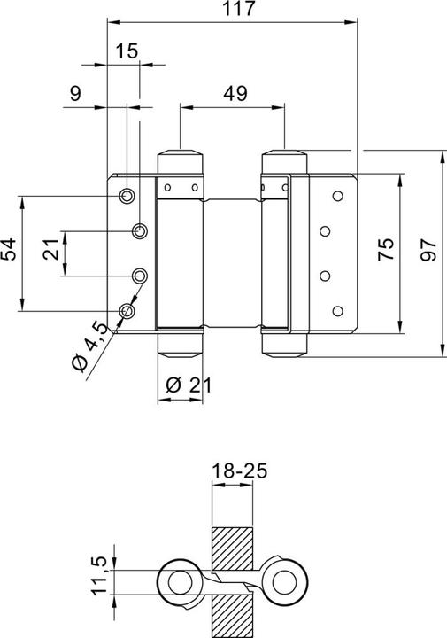 Actual product image Deni Swing door hinge steel nickel-plated size 33 length 125 mm 27 kg door thickness 30-35 mm