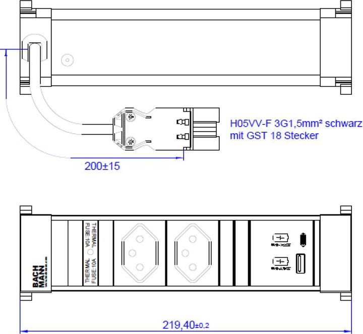 Productafbeelding Bachmann Ingebouwde stekkerdoos POWER FRAME 2x T13, 1x USB A/C (2 x, Type 13, USB-A, USB-C, 0.20 m)