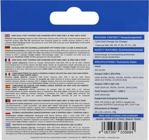 Immagine prodotto prio Caricatore da auto a ricarica rapida 45W PD (USB C) + 45W (USB A) nero