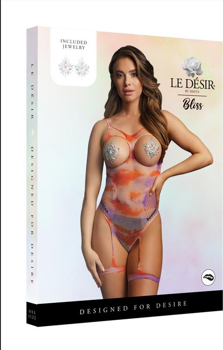 Actual product image Le Désir Open-cup Tie Dye strappy teddy & Dazzling Nipple Bling Sticker - (One size)