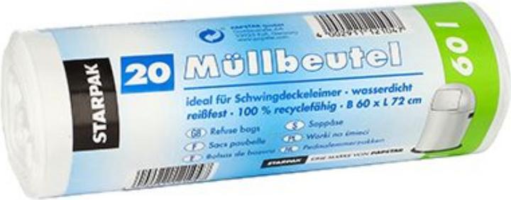 Productafbeelding Papstar Afvalzakken 72 x 60 cm (B x H) 17µm 60l wit 20 stuks/verpakking. (20 x, 60 l)