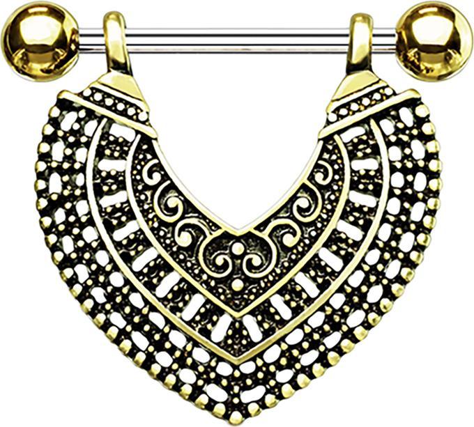 Star Piercing Barbell silber mit zwei Kugeln 14k vergoldet Vintage Herz (Chirurgenstahl 316L, Messing)