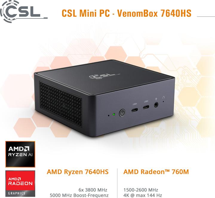 Image du produit CSL Mini-PC VenomBox 7640HS / 32Go / 500 Go M.2 SSD / Windows 11 Pro (AMD Ryzen 5 7640HS, 32.77 Go, 500 Go)