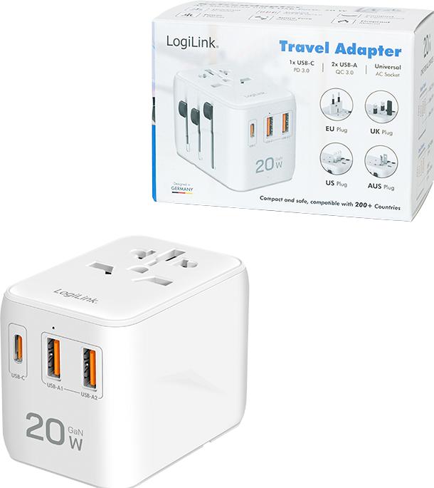 Image du produit LogiLink Universal-Reisenetzteil, 20 W (PD), 4x-Anschlüsse, feuerfest, weiss