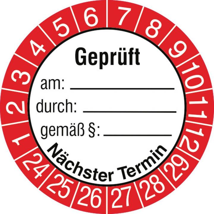 Produktbild SafetyMarking 30.3697.24-29 Prüfplakette Geprüft am / durch / gemäss § / nächster