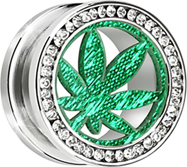 Actual product image Star Piercing Flesh Tunnel silver with crystal silver and green hemp leaf (without brass, Surgical steel 316L)