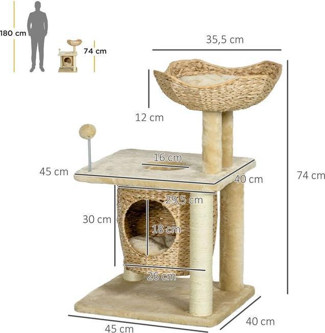 Immagine prodotto Swisshandel24 Tiragraffi piccolo, 74 cm con grotta per gatti, palla da gioco, con letto, fino a 5 kg, beige (74 cm, Beige)
