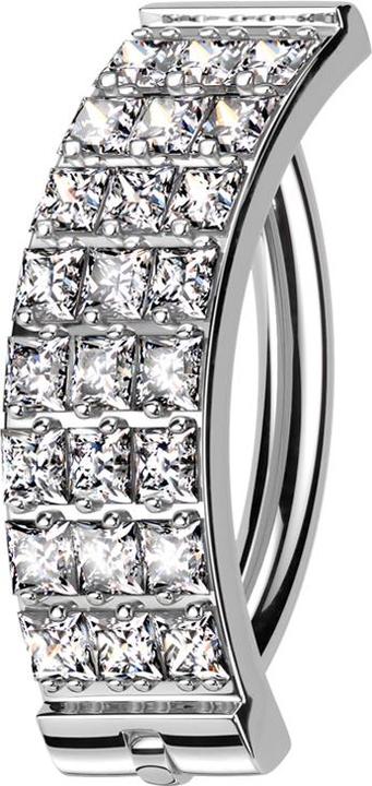 Actual product image Star Piercing Banana hinged silver shield three rows of square crystals silver (Titanium G23, without brass)