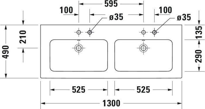 Produktbild Duravit Doppelwaschtisch ME by Starck m ÜL m HLB 1300x490mm 1 Hahnloch weiss WG (490 mm, 1300 mm)