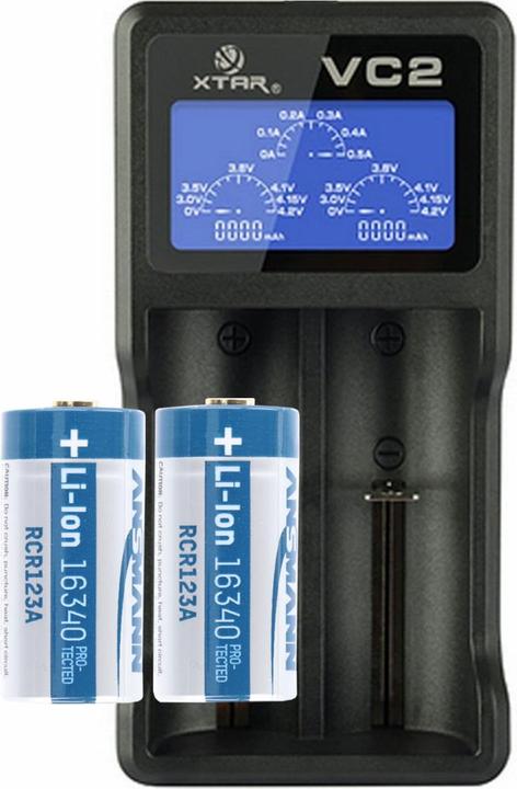 Actual product image AccuCell 2 pieces CR123A Li-ion battery and USB charger (2 pcs., CR123A, 760 mAh, Battery + charger)