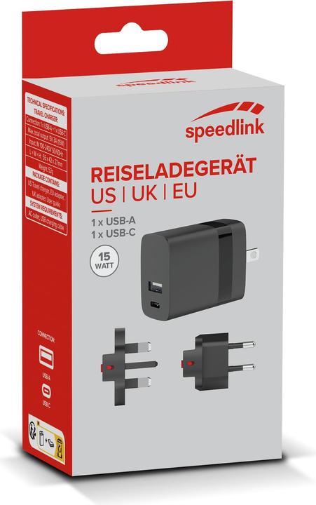 Actual product image Speedlink Travel Charger USB-A & USB-C 15W for US-UK-EU, black (15 W)