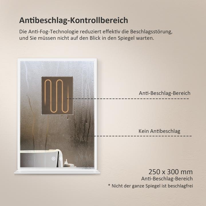 Produktbild Emke Badspiegel mit Beleuchtung 50*70cm, Beschlagfrei, Kaltweiss6500Kund Dimmbar, Glasablage (80 x 60 cm)
