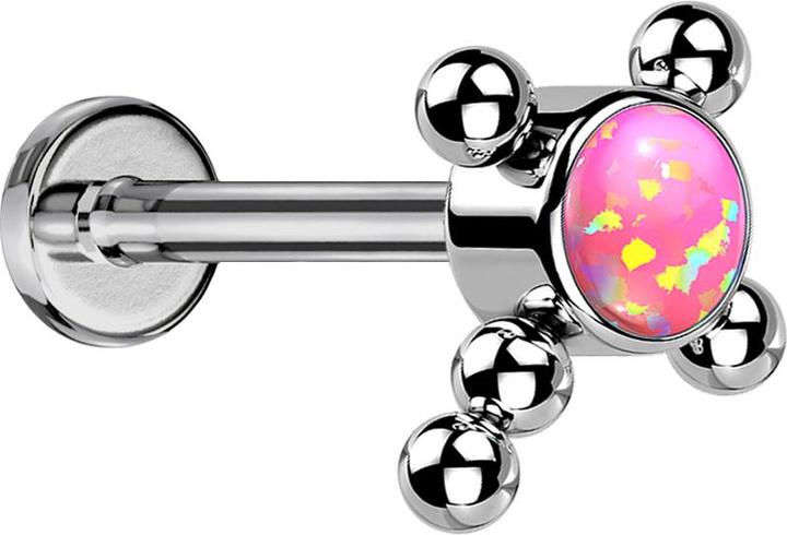 Star Piercing Micro Threadless Labret silber Kreuz Kugeln Opal pink (ohne Messing, Titan G23)