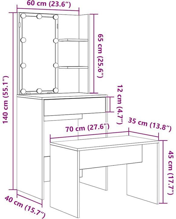 Image du produit VidaXL Schminktisch-Set mit LED-Leuchten Altholz-Optik Holzwerkstoff (60 x 40 x 140 cm)