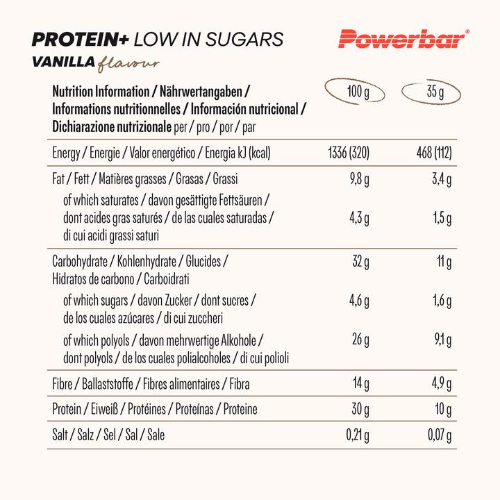 Valeurs nutritives et ingrédients Powerbar Protein Plus Low Sugar (Vanille, 16 pcs, 660 g)