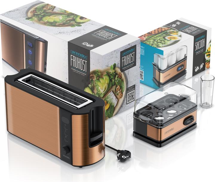 Actual product image Arendo Breakfast set, 2-slice long slot toaster with bun rack & egg cooker for 6 eggs, copper
