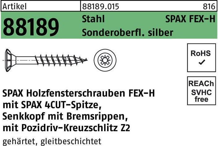 Produktbild Spax FEX H Beschlagschraube 4.0x 30 PZ 2 Stahl silber für Holzbefestigungen (1000 Schrauben pro Stück)