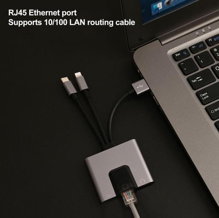 Immagine prodotto PowerGuard 3-in-1 USB-C/USB-A Lightning Multiport Adapter to RJ45 Ethernet 3.5mm Audio (USB-A, Lightning, USB tipo C, Jack da 3.5mm)