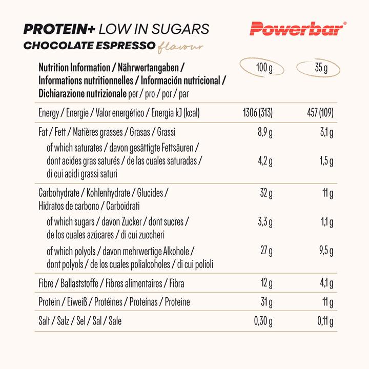 Nährwerte und Zutaten Powerbar Protein Plus Low Sugar Multiflavour Box (Schokolade, Vanille, Himbeere, Joghurt, Brownie, Espresso, 16 Stk., 560 g)