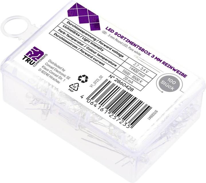 Immagine prodotto Tru Components LED cablato Bianco puro Rotondo Chiaro 14400 mcd 30° 20 mA 2,7 V, 3.