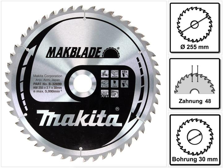 Image du produit Makita MAKBLADE Lame de scie circulaire pour bois 255 x 30 x 2,1 mm, 48 dents ( B-32699 )