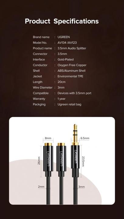 Actual product image Ugreen 3.5mm Stereo Audio Splitter (0.20 m, 3.5mm jack (AUX))