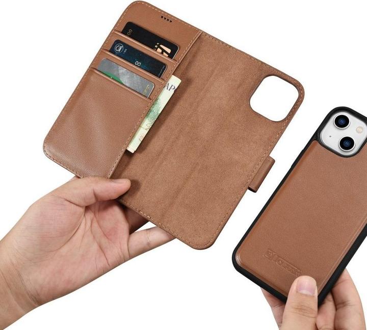 Produktbild iCarer Wallet Case 2 in1 Hülle iPhone 14 Lederhülle mit Faltung braun antiRFID (WMI14220725-BN) (Apple iPhone 14)