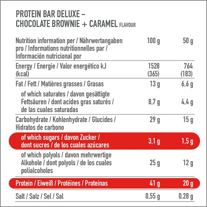 Valeurs nutritives et ingrédients Premier Protein Protein Bar Deluxe (Chocolat, Brownie, 12 pcs, 600 g)