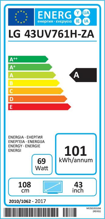 Energy Label LG 43UV761H HOTEL TV 43IN (43", LED, 4K)
