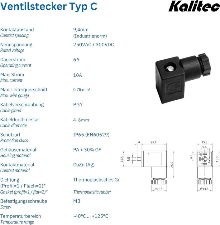 Image du produit Kalitec 5 Stück Ventilstecker Bauform C schwarz 4 polig I Kontaktfläche 15,5 x 15,5 mm² I PG7 I Kont