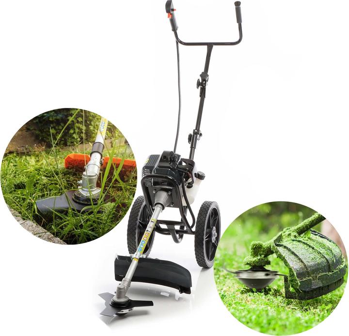 Produktbild Wiltec 2in1 Benzin Motorsense 1,9kW Räder Freischneider Rasentrimmer Gartengerät (Metallschneideblatt, Trimmfaden)