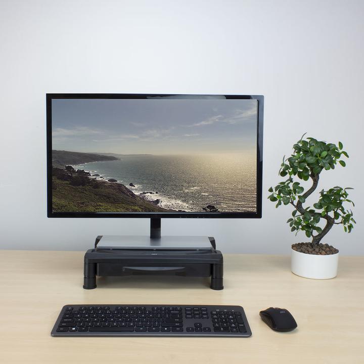 Immagine prodotto Supporto per monitor extra largo con cassetto, fino a 10 kg, altezza regolabile, nero