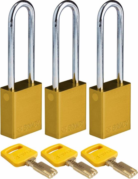 Actual product image Brady Safekey aluminium padlock with steel shackle, yellow, 76 mm shackle height, 6.4 mm shackle diam