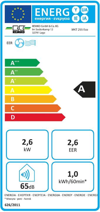 Energie-Label Remko MKT 255 Eco mobiles Raumklimagerät 2.6 kW EEK A R290 Schlauch 1200mm (80 m², 8871.57 BTU/h)