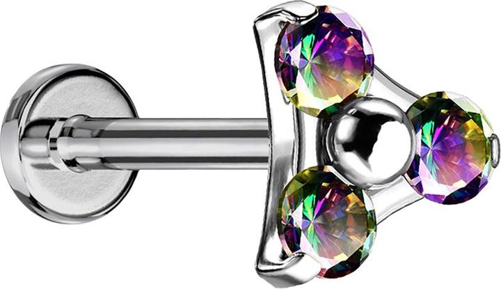 Produktbild Star Piercing Micro Labret Innengewinde silber Dreieck drei Kristalle dunkel multicolor (Titan G23, ohne Messing)