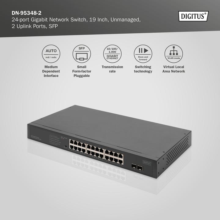 Produktbild Digitus 24-Port Gigabit Netzwerkswitch, 19 Zoll, unmanaged,2 Uplink Ports, SFP (24 Ports)