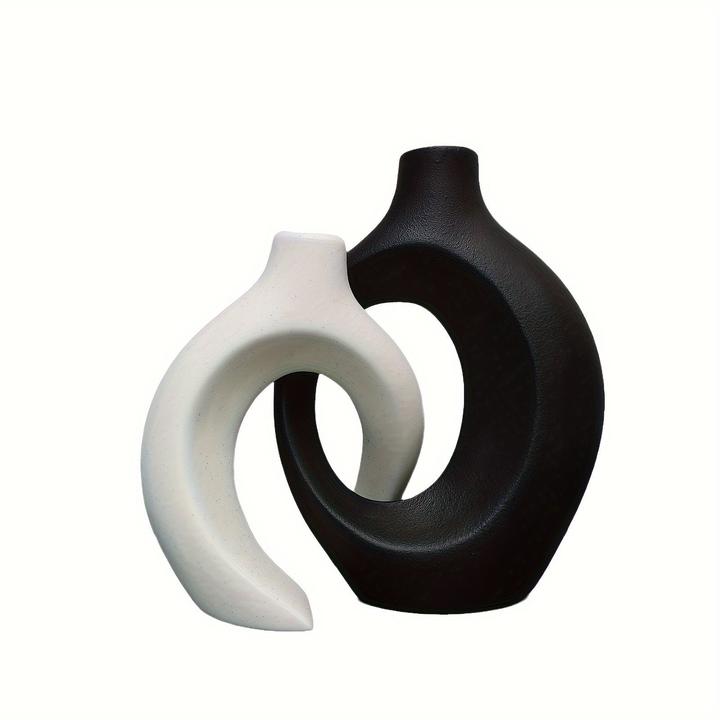Produktbild Alopini 2er Set Moderne Keramikvasen - Abstraktes Kreuz Design, Boho Chic Donut Blumenvase für