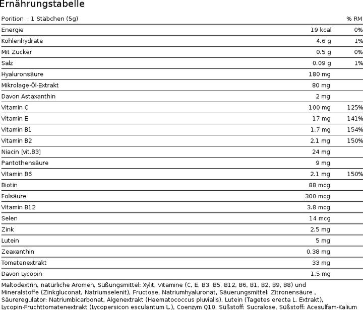 Nährwerte und Zutaten Maxoway Skin Protect (30 Stück, Pulver, 150 g)