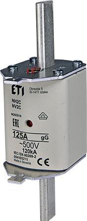 Actual product image Csdk SL Fuse NH2C 125A gG, 500V AC, breaking capacity 120kA, standard IEC 60269-1, IEC 60269-2, with statusa