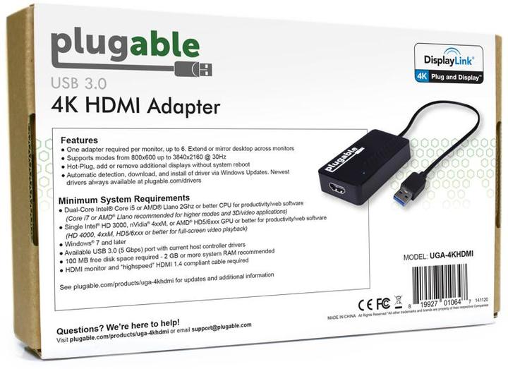 Actual product image Plugable USB 3.0 - HDMI 4K Adapter (USB-A)