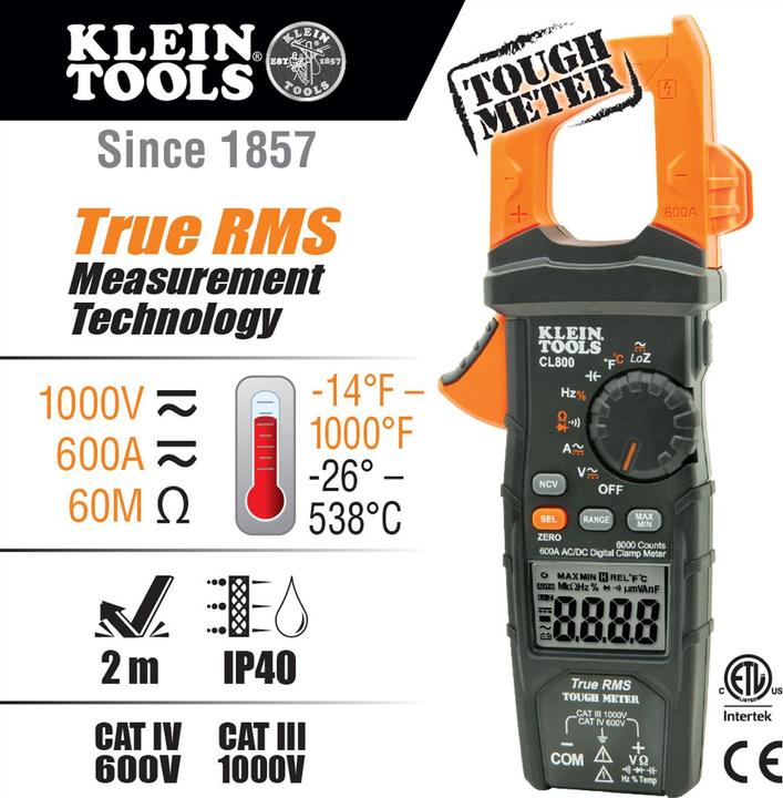 Produktbild Klein Tools CL800 Digitale Stromzange AC/DC mit automatischer Bereichseinstellung (CL800) (CAT IV 600V)