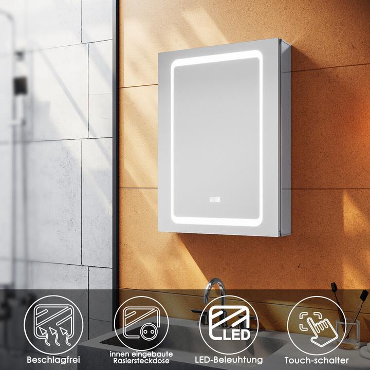 SONNI LED mirror cabinet with light, 50 x 70 cm, aluminum, anti-fog, wireless hinges, can be used in (50 x 70 x 20 cm)
