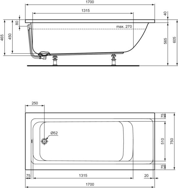 Immagine prodotto Ideal Standard Body Shape Bath Bagno rettangolare Connect Air 75 x 170 cm bianco alpino liscio (235 l, 170 cm, 75 cm)
